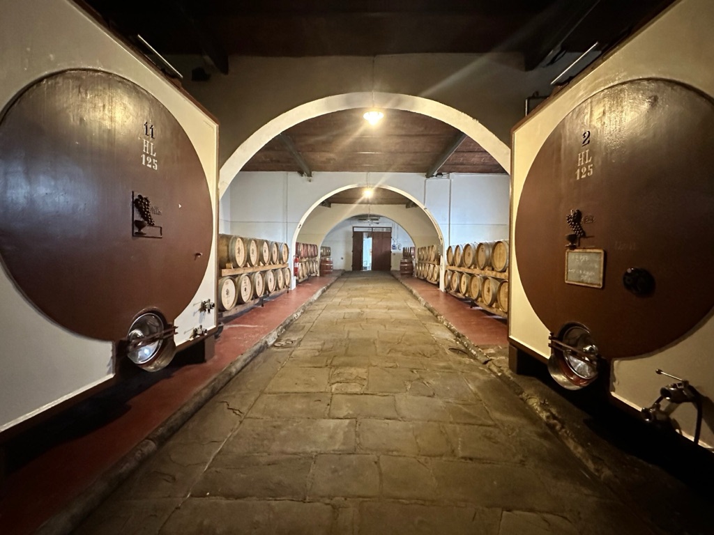 Wine cellar with oak barrels in Tuscany